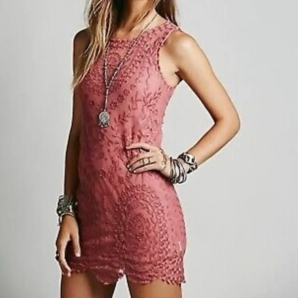Free People Embroidered Mesh Mini Dress in Red Rouge Sheer with Liner XS